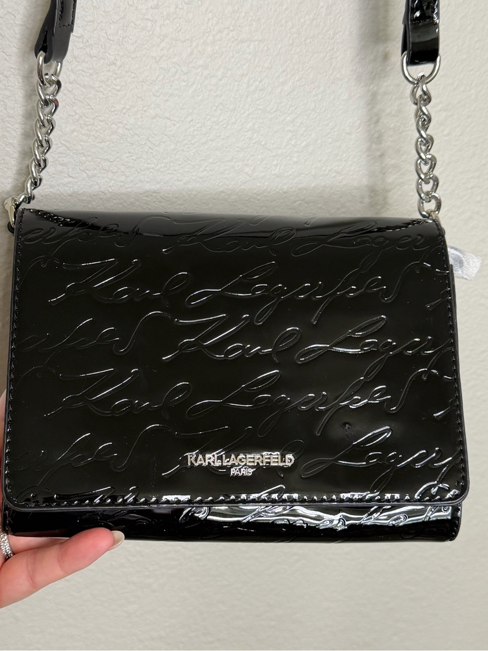 Karl Lagerfeld Paris Black Patent Logo Embossed Chain Crossbody Bag